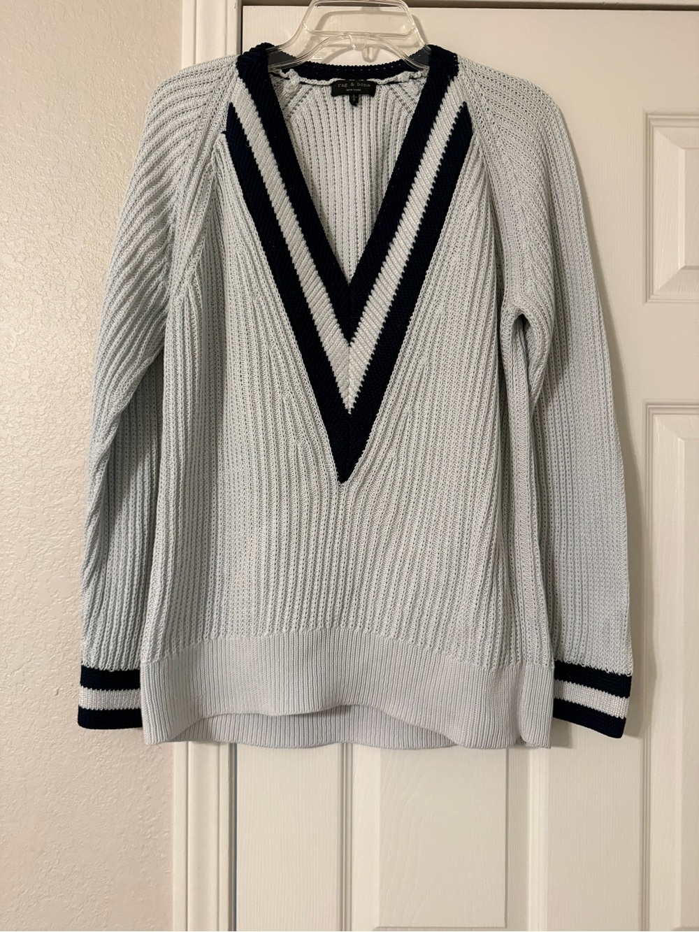 rag & bone Light Blue V-Neck Sweater with Navy Trim - Varsity Sweater